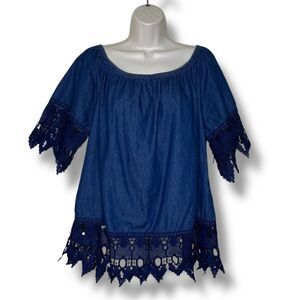 Taxi Blue Chambray Denim Off Shoulder Wide Crochet Lace Trim Top Women 2X FLAWED